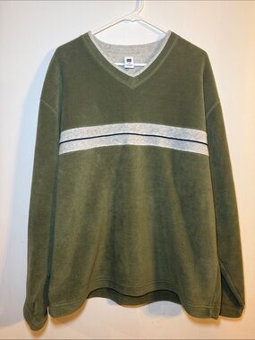 Vintage Gap olive green fleece v-neck pullover sweater grey stripes Men’s XL